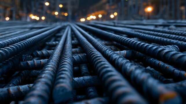 Parallel lines of construction rebar receding into the distance illuminated by warm industrial lights