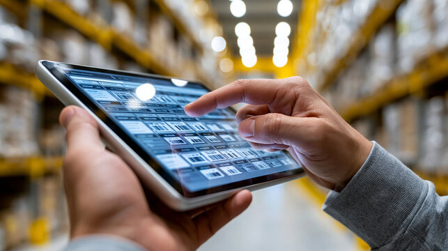 H&auml;nde halten ein Tablet mit ge&ouml;ffneter Anwendung in einem unscharfen Lagerhaus mit Regalen im Hintergrund.