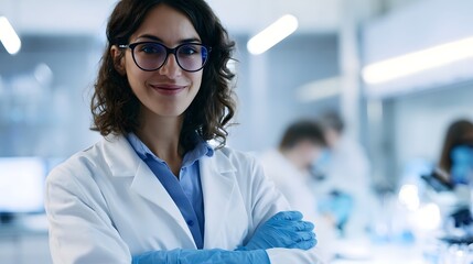 Fototapeta premium A professional woman in a laboratory setting exudes confidence while working in a modern sterile environment