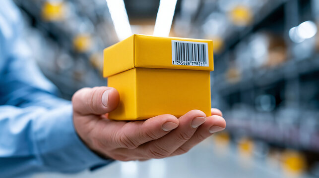 Nahaufnahme einer Hand, die eine gelbe Versandbox mit Strichcode vor unscharfen Regalen eines Lagerhauses h&auml;lt.