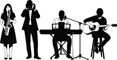 Musician silhouette icons with saxophone, singer, keyboard player, and guitarist performing live music with microphone stands © MST RAMANA