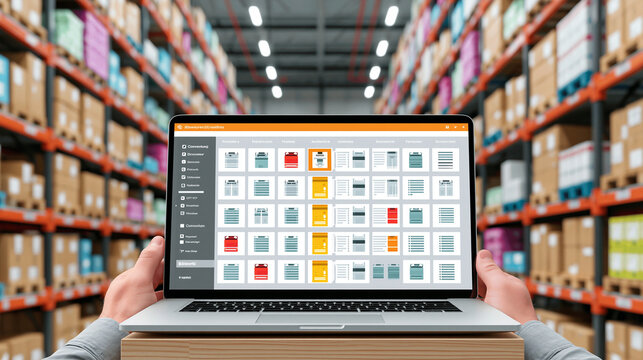 H&auml;nde bedienen ein Laptop mit Warenwirtschaftssoftware vor einem unscharfen Lagerregal mit Kartons.