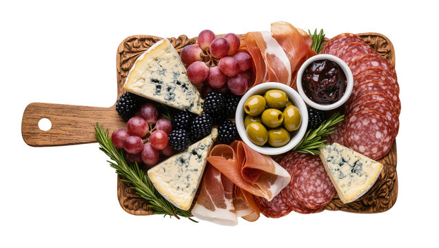 Gourmet charcuterie board with blue cheese salami prosciutto olives and berries, isolated on transparent background