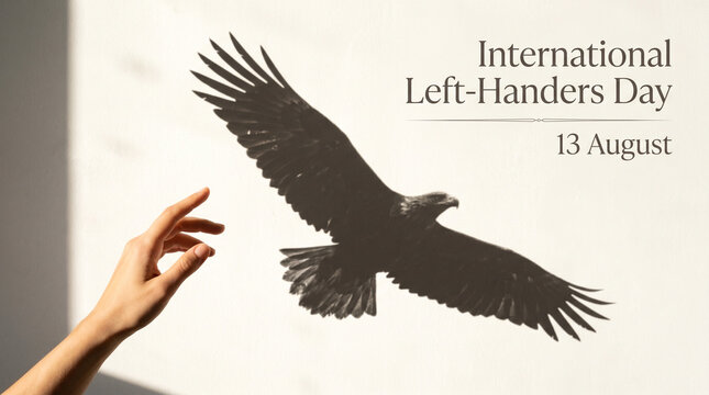 International lefthanders day, 13 august, hand shadow shaped like an eagle on a white wall