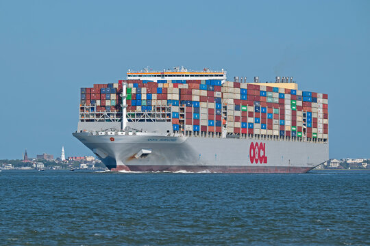 The Suezmax-class container ship OOCL Sunflower sails out of Charleston Harbor, SC, USA, on June 11, 2026.