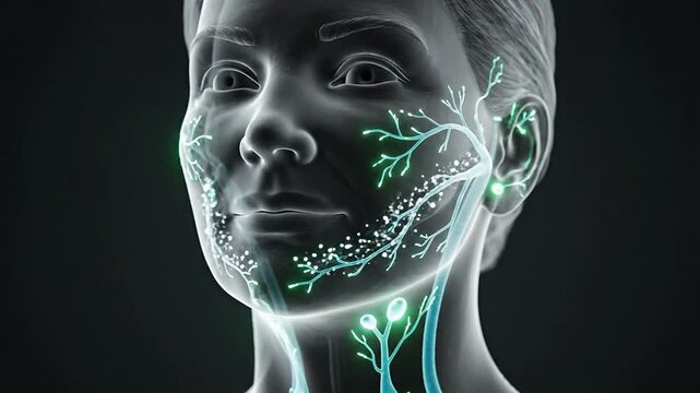 4K Visualization Of Facial Lymphatic Drainage With Transparent Head Showcasing Anatomical Pathways Of The Lymphatic System In Detailed Study