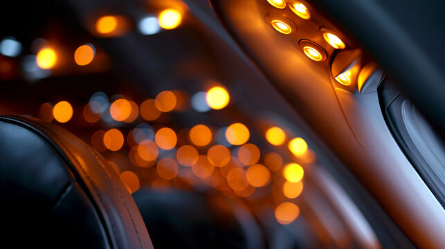 Detailaufnahme eines Fahrzeuginterieurs mit unscharfen orangefarbenen Lichtpunkten im Hintergrund.