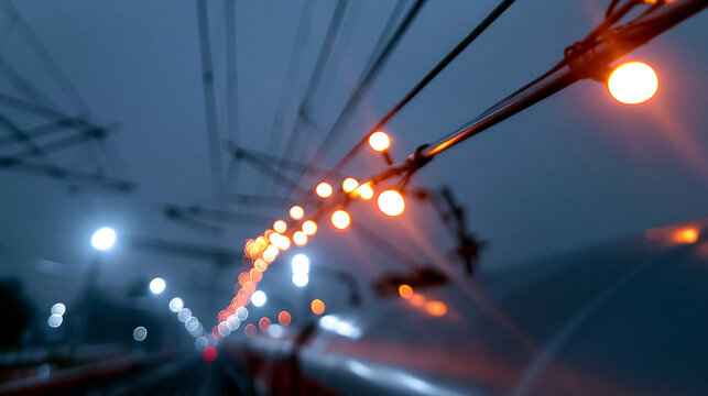 Unscharfer Blick auf Oberleitungen und Strommasten einer Bahnstrecke bei Nacht mit verschwommenen roten und orangenen Lichtern.