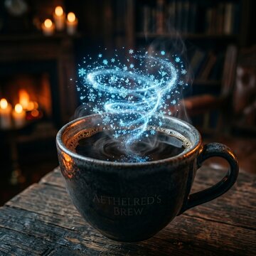 Surreal concept of a coffee mug containing its own miniature weather system with clouds and rain