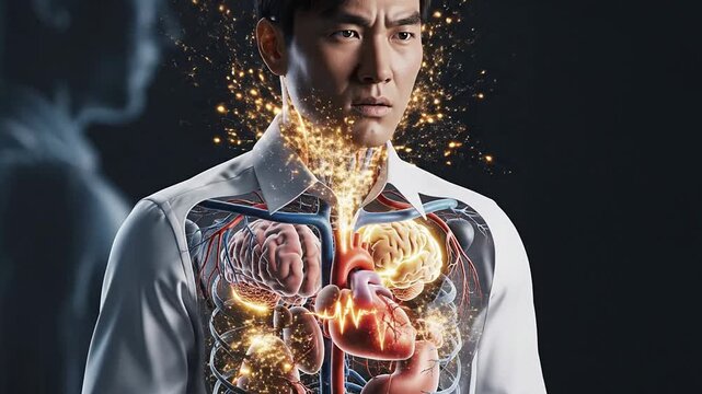 Chronic Stress Response Visualization In Upper Body With Illuminated Heart And Internal Organs For Medical And Educational Use