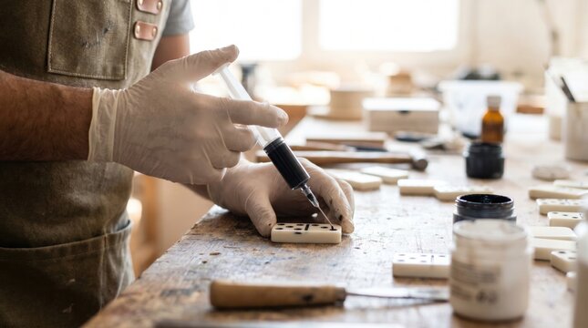 Artisan wearing gloves using a syringe to precisely inject black ink into domino dots on a workbench
