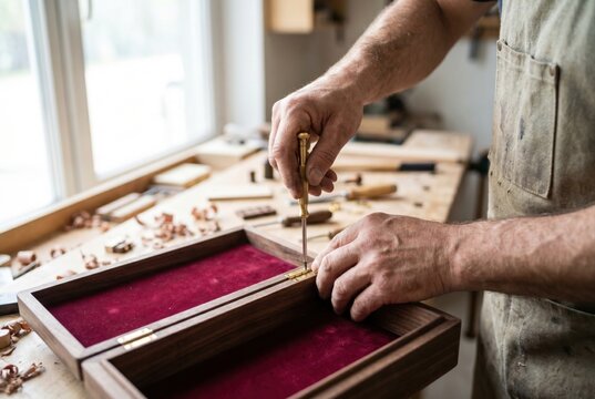 Carpenter using a screwdriver to attach a brass hinge to a velvet lined wooden box in a workshop