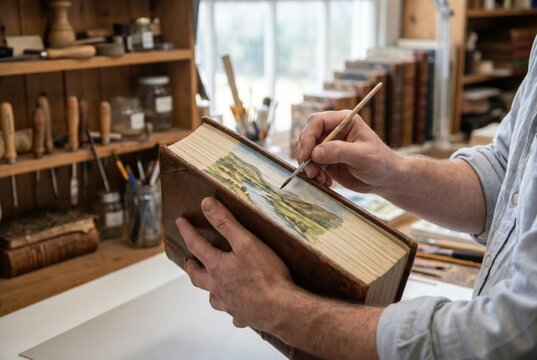 Bookbinder using a small brush to paint a scenic landscape on the fore edge of a leather bound book
