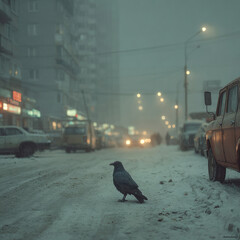 Obraz premium Lonely Raven Standing on Snowy Urban Street at Dusk in Winter City