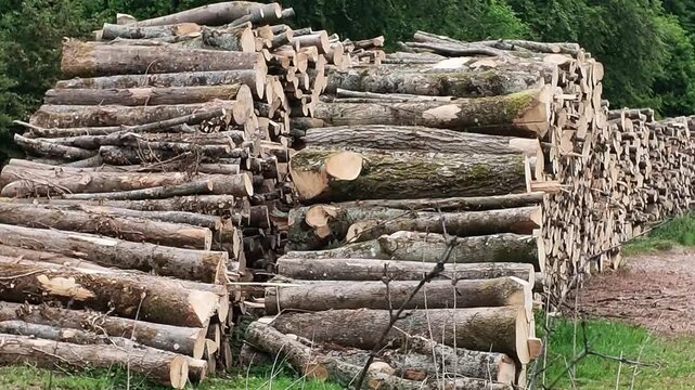 Worthington Hmpshire UK. 03.06.2026. Video. Vast quantities of felled trees are neatly piled high in an outdoor woodland setting, ready for transport and processing