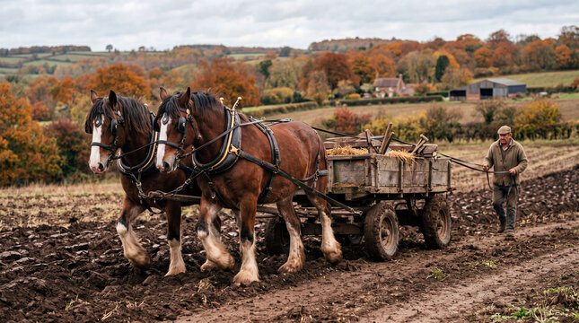 Two Draft Horses Pulling Farm Wagon in Autumn Field at Harvest Time