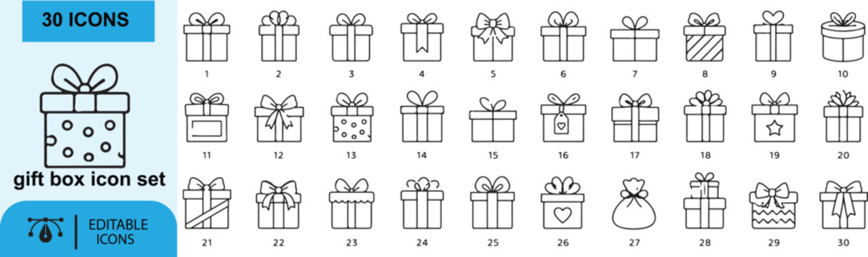 gift box icons Each icon will be different, create a vector outline icons using white background and black color 