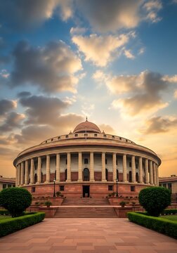 The Indian Parliament building in New Delhi with columns and dome architecture