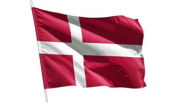 Waving Danish flag with white cross on red fabric, isolated on transparent background