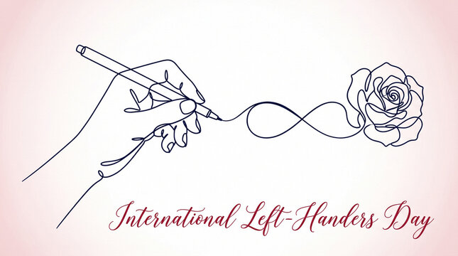 Continuous line drawing of a left hand holding a pen drawing an infinity symbol and a rose for international lefthanders day