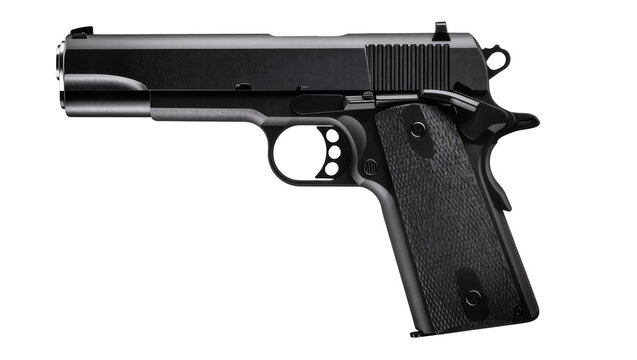 Black metal semi-automatic handgun with textured grip, isolated on transparent background