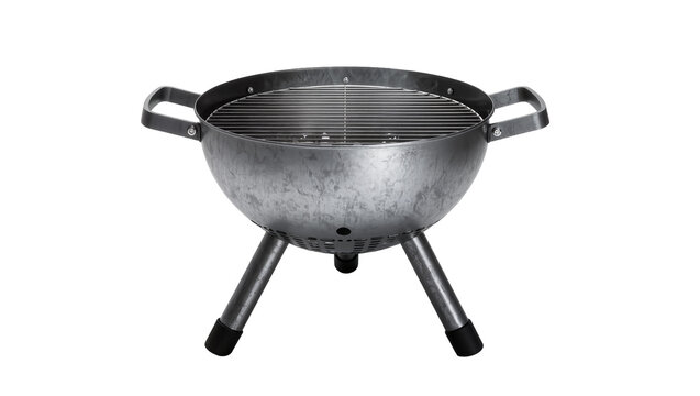Metal charcoal barbecue grill with wire grate and handles, isolated on transparent background