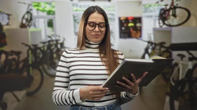 Woman brunette with glasses holds open book with both hands and smiles among bicycles inside a building shop; curiosity learning.