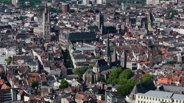 An panoramic aerial view around the old town in the city of Gent or Ghent on a sunny summer noon in Belgium