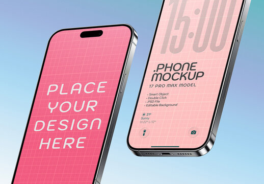 Two Floating Smartphones On Editable Background. PSD Mockup Phone Screen