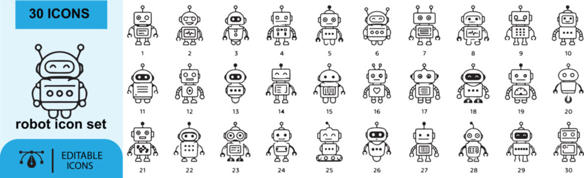 robot icons Each icon will be different, create a vector outline icons using white background and black color