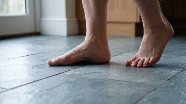 Close up of bare feet walking on a cool grey tiled floor indoors with soft natural light