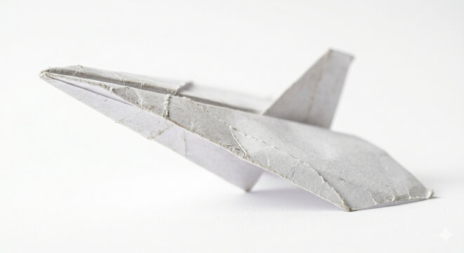 Origami Fighter Jet Model: A close-up, detailed shot of a silver origami fighter jet, showcasing the sharp angles and clean folds of the papercraft, set against a neutral backdrop.