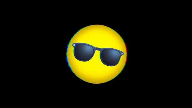 Static shot of yellow emoji face with sunglasses glitching with rgb split and pulsing wobble centered on black isolated studio background