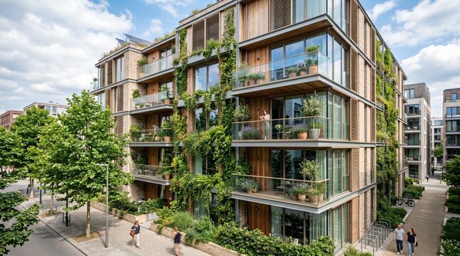 Modern urban apartment building with lush vertical gardens and balconies in daylight