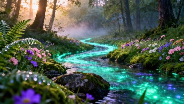 Glowing stream in a forest