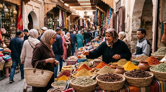 Bustling outdoor market scene with vendors selling fresh produce and shoppers browsing in warm daylight