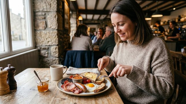 Woman enjoying healthy lunch at cozy wooden table in bright cafe interior