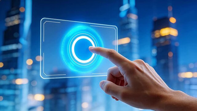Hand touching digital button in cityscape