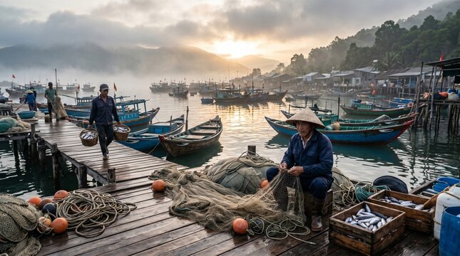 Fishermen repairing nets at a traditional harbor at sunrise with fishing boats and misty mountains