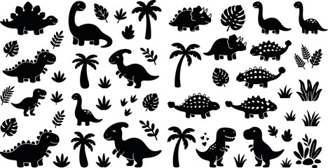 Cute Cartoon Dinosaur Mega Pack Silhouette Set Friendly Baby Prehistoric Characters and Jungle Leaf Icons  © MirzaAsmaul