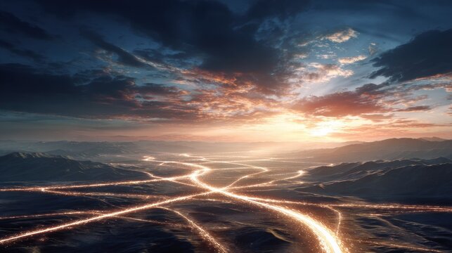 Bright paths weave through the landscape under a colorful sunrise, offering an inspiring journey for travelers seeking adventure.