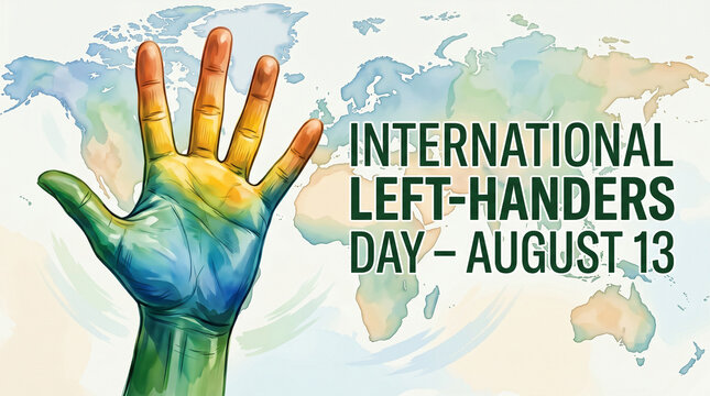 International lefthanders day celebration concept with a colorful hand illustration over a world map background