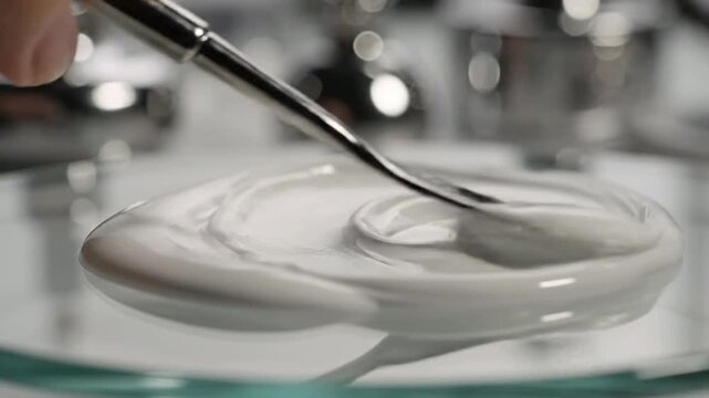 Extreme Macro View of Polished Metal Spatula Mixing Thick White Cream on Glass Surface in a Clinical Culinary Setup