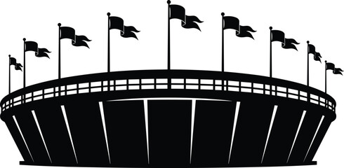 Stadium silhouette flat vector illustration featuring sports arena with flags, event venue design art, architecture icon, black‑and‑white drawing © MST RAMANA