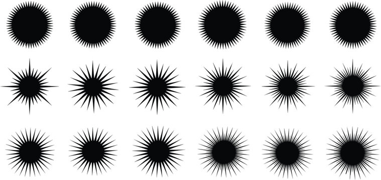 Sunburst starburst silhouette flat vector illustration featuring radial spiked circle design art, geometric symmetry pattern motif, black‑and‑white drawing