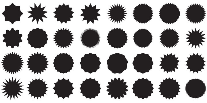 Red starburst shapes, geometric flower forms, circular patterns, abstract design elements, visual accents, vector grid layout, flat vector illustration