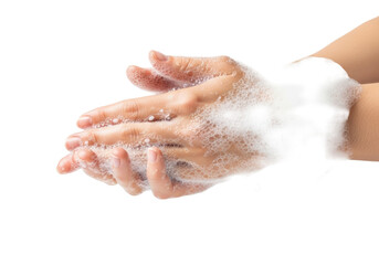 Fototapeta premium Meticulously groomed, clean, light-skinned hands rubbing, creating snow-white soap suds & iridescent bubbles against a transparent background. Concept of essential hygiene
