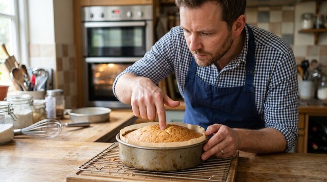 Man checking a freshly baked cake in a rustic kitchen with ingredients and oven in the background