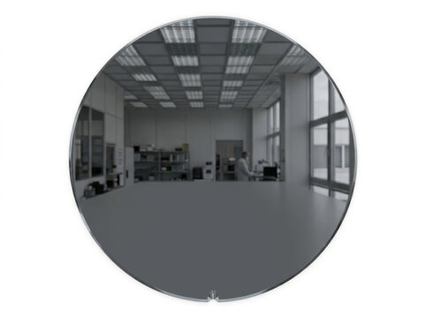 Empty modern office space with large windows and ceiling lights captured through convex mirror.