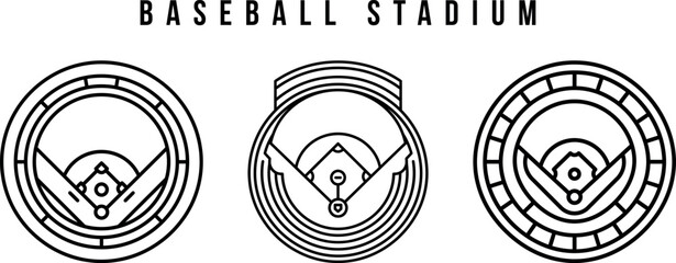 Baseball stadium top view outline icon set. Sports arena field diamond and home plate line art logo vector illustration. © FreelancerHasin